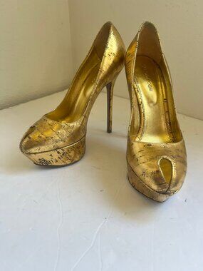 $875 SERGIO ROSSI OPEN TOE METALLIC GOLD PLATFORM HEELS PUMPS SIZE 37 / 7 US